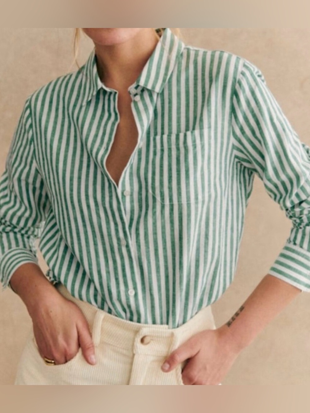 Sezane Tomboy Striped Linen Cotton Natural Resort Vacation Office Shirt 38/6